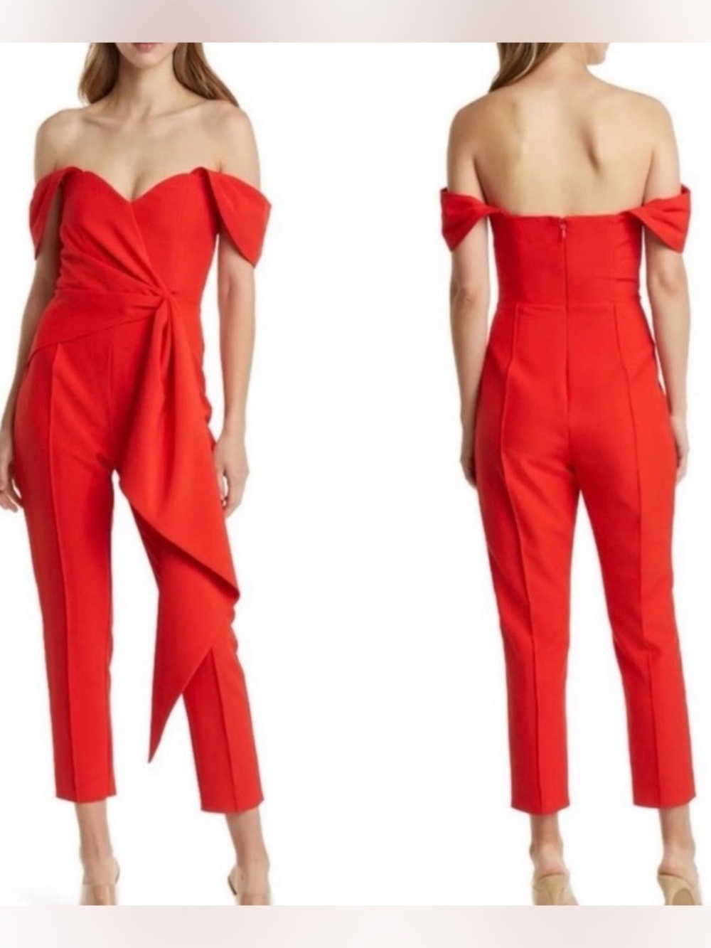 Lavish Alice Off-Shoulder Red Jumpsuit with Draped Detail
